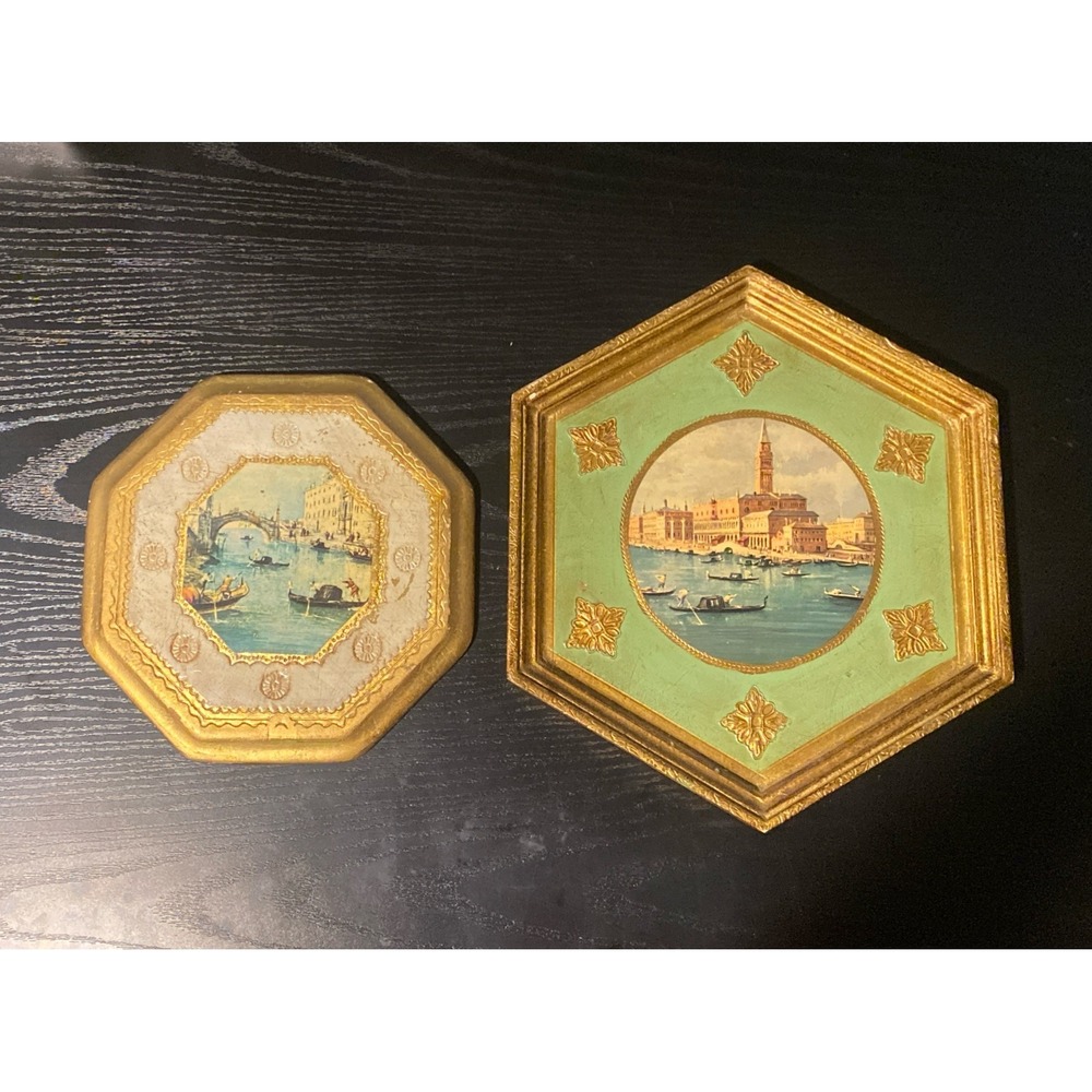 2 Vtg Italian Florentine Gold Gilt Wood Wall Plaque Boats In Venice Lot Ornate
